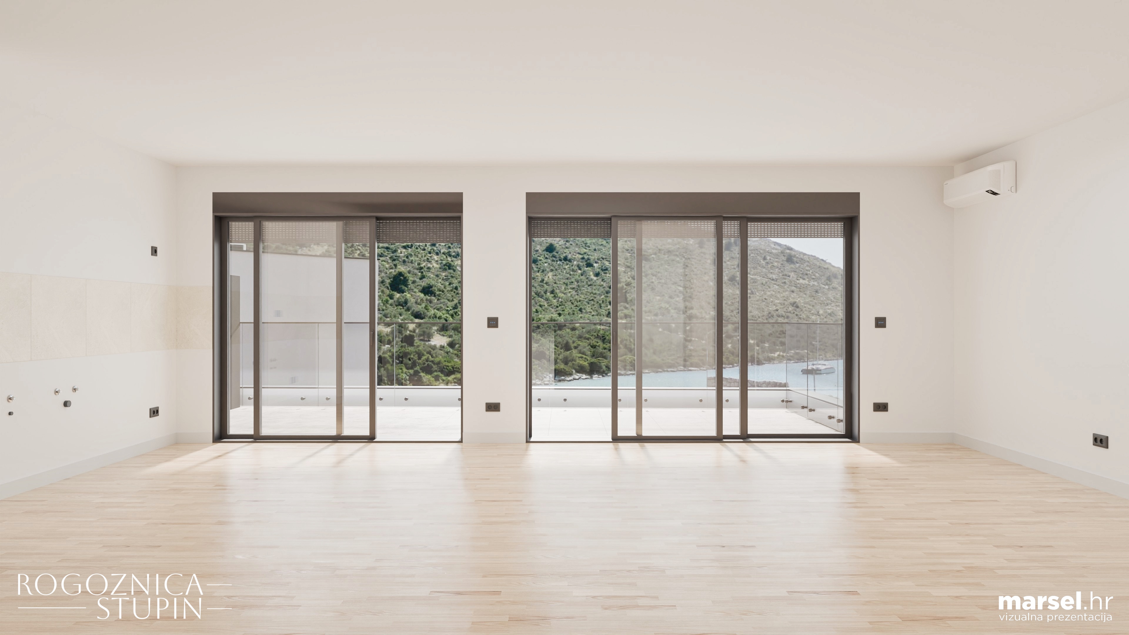 Vizualizacija interijera apartmana u novogradnji Rogoznica Stupin. Prostrani i svijetli unutarnji prostori s pogledom na more, idealni za stanovanje ili investiranje u apartman na dalmatinskoj obali.